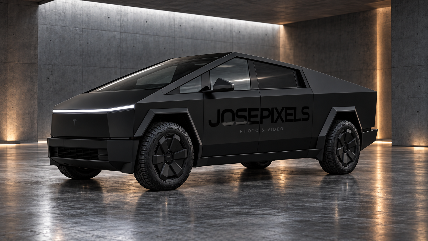 Satin black Cybertruck with gloss JOSEPIXELS door lettering in a concrete garage with soft warm lighting